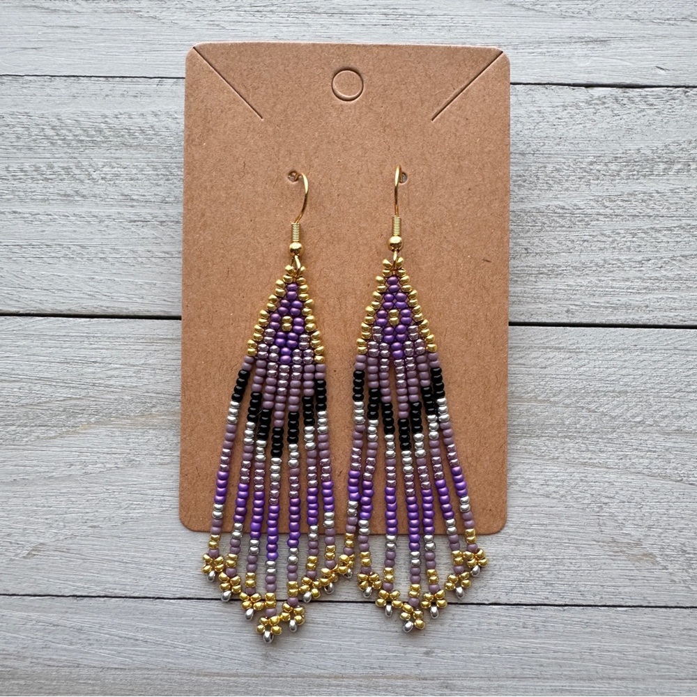 Unique Purple Violet Gold Silver Beaded Earrings 3.25 Beaded Earring Handmade